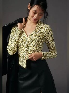 ANTHROPOLOGIE Maeve Long-Sleeve Ruched Button Front Top size XS